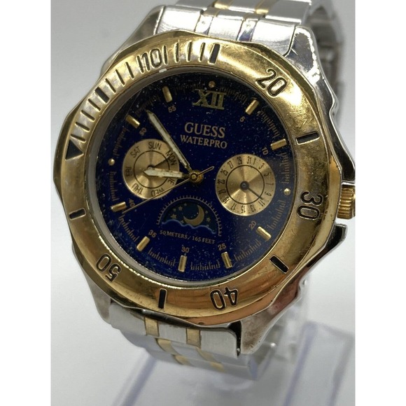 Vintage Guess Waterpro 97’ Moonphase Date Day Dial St.Steel Men’s Watch New Batt - Picture 1 of 12
